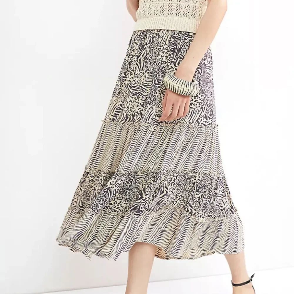 Anthropologie Beachgold Leopard Tiered Midi Skirt S